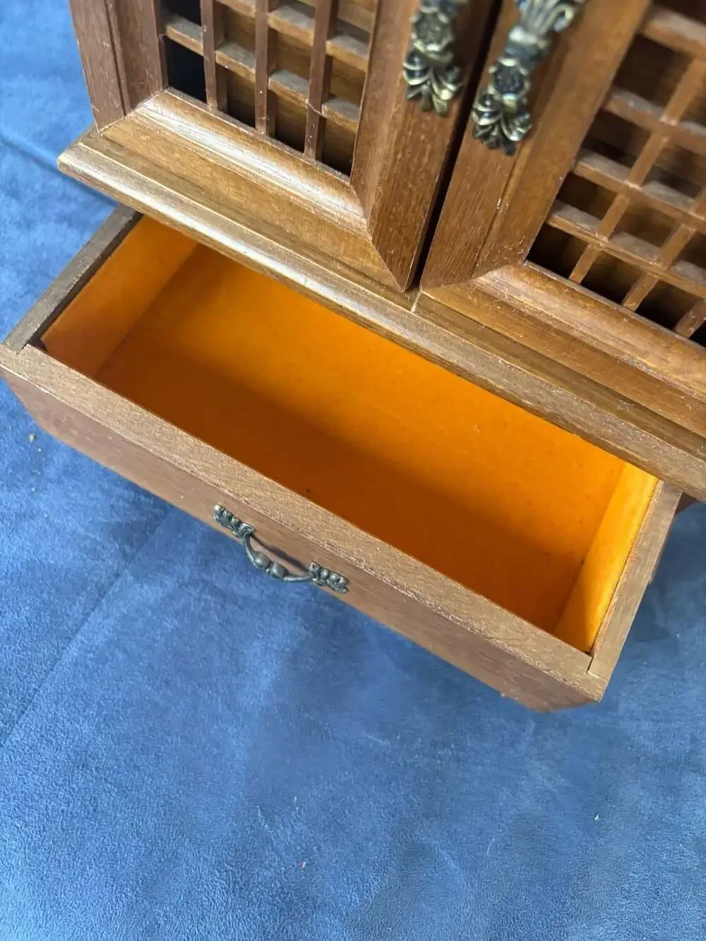 Vintage Wooden Jewelry Box Chest with Lattice Doors and Drawers